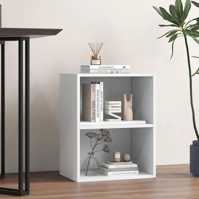 Alt view image 6 of 7 - 2 Cube Shelf, Wood Cubby Storage Organizer, 2 Shelf Bookcase with Adjustable Shelf, 21" Low Shelves, Small Bookshelf for Small Spaces, Bedroom, Living Room, Back Panels (White)