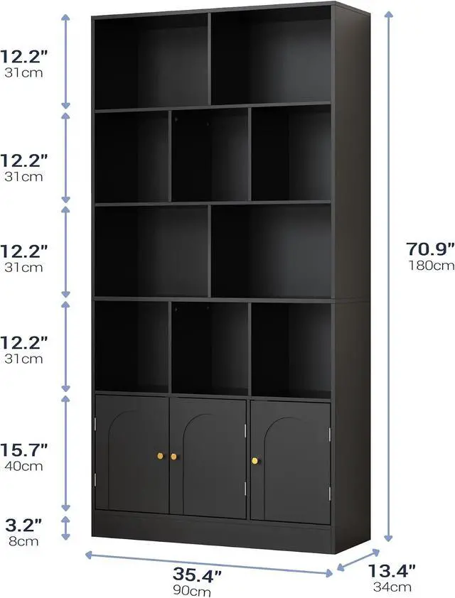 Alt view image 2 of 7 - 71" Tall Bookshelf with 10 Cubes and 3 Doors, 4-Tier Bookshelf, Open Shelf Bookcase with Cabinet, Modern Cube Storage Organizer for Living Room, and Office, Black