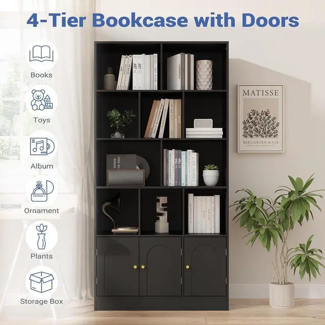 Alt view image 3 of 7 - 71" Tall Bookshelf with 10 Cubes and 3 Doors, 4-Tier Bookshelf, Open Shelf Bookcase with Cabinet, Modern Cube Storage Organizer for Living Room, and Office, Black