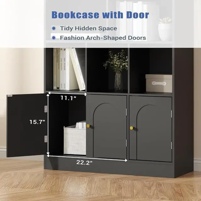 Alt view image 4 of 7 - 71" Tall Bookshelf with 10 Cubes and 3 Doors, 4-Tier Bookshelf, Open Shelf Bookcase with Cabinet, Modern Cube Storage Organizer for Living Room, and Office, Black