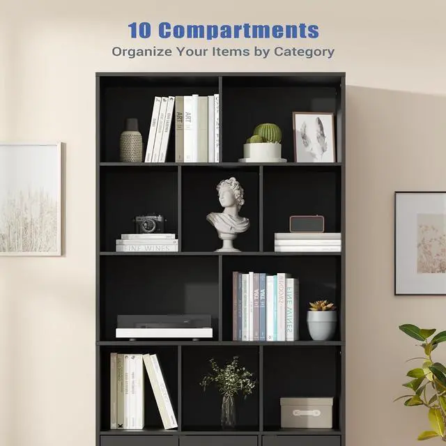 Alt view image 5 of 7 - 71" Tall Bookshelf with 10 Cubes and 3 Doors, 4-Tier Bookshelf, Open Shelf Bookcase with Cabinet, Modern Cube Storage Organizer for Living Room, and Office, Black