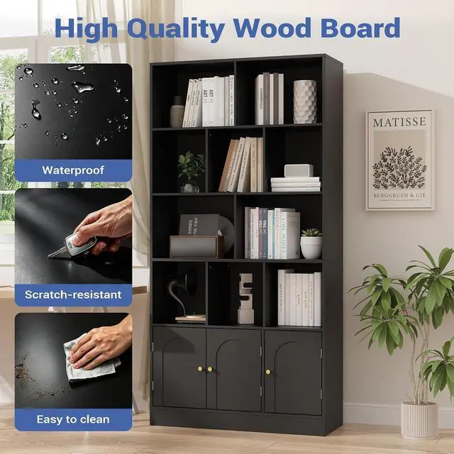 Alt view image 6 of 7 - 71" Tall Bookshelf with 10 Cubes and 3 Doors, 4-Tier Bookshelf, Open Shelf Bookcase with Cabinet, Modern Cube Storage Organizer for Living Room, and Office, Black