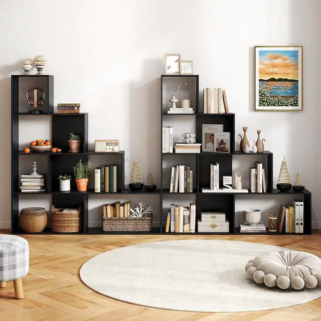 Alt view image 5 of 7 - 4-Tier Stepped Bookshelf, Freestanding 6 Cubes Ladder Bookcase with Anti-Tipping Kits, 64" Tall Modern Wooden Storage Display Rack for Home Office Living Room Study (1, Black)