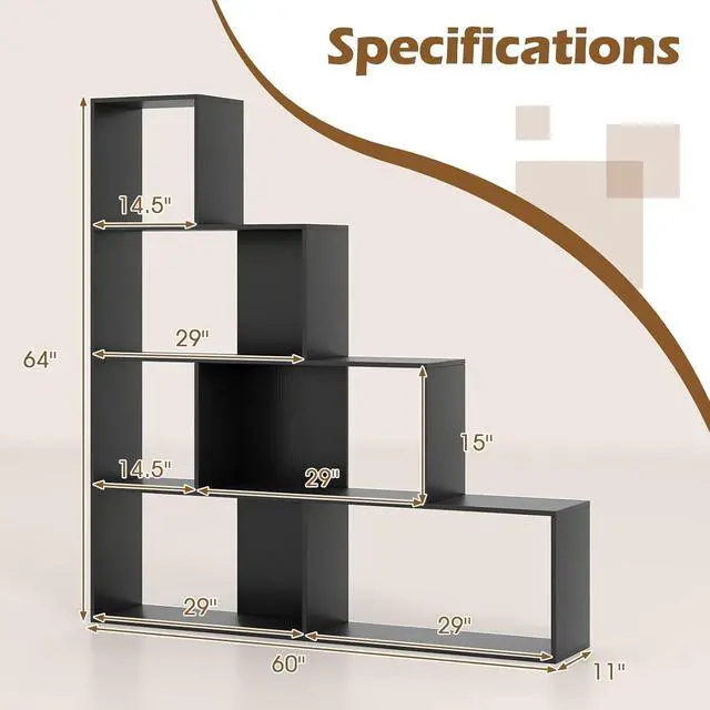 Alt view image 3 of 7 - 4-Tier Stepped Bookshelf, Freestanding 6 Cubes Ladder Bookcase with Anti-Tipping Kits, 64" Tall Modern Wooden Storage Display Rack for Home Office Living Room Study (1, Black)