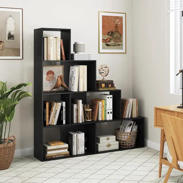 Alt view image 4 of 7 - 4-Tier Stepped Bookshelf, Freestanding 6 Cubes Ladder Bookcase with Anti-Tipping Kits, 64" Tall Modern Wooden Storage Display Rack for Home Office Living Room Study (1, Black)