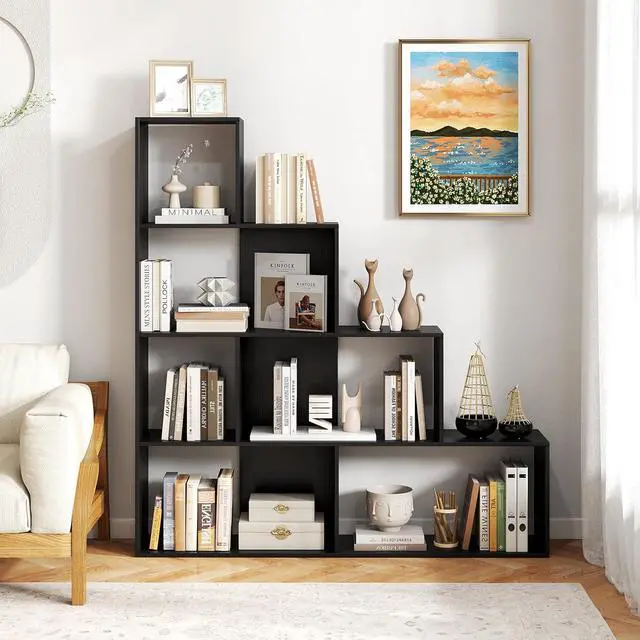 Alt view image 2 of 7 - 4-Tier Stepped Bookshelf, Freestanding 6 Cubes Ladder Bookcase with Anti-Tipping Kits, 64" Tall Modern Wooden Storage Display Rack for Home Office Living Room Study (1, Black)