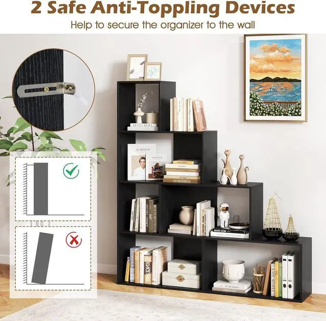 Alt view image 7 of 7 - 4-Tier Stepped Bookshelf, Freestanding 6 Cubes Ladder Bookcase with Anti-Tipping Kits, 64" Tall Modern Wooden Storage Display Rack for Home Office Living Room Study (1, Black)