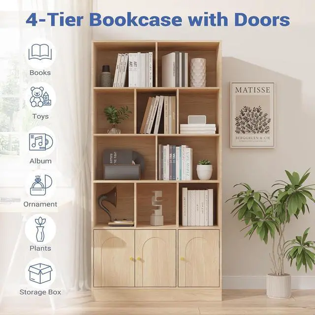Alt view image 3 of 7 - 71" Tall Bookshelf with 10 Cubes and 3 Doors, 4-Tier Bookshelf, Open Shelf Bookcase with Cabinet, Modern Cube Storage Organizer for Living Room, and Office, Natural Wood Color