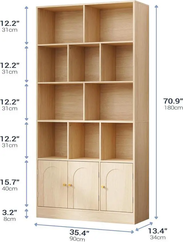 Alt view image 2 of 7 - 71" Tall Bookshelf with 10 Cubes and 3 Doors, 4-Tier Bookshelf, Open Shelf Bookcase with Cabinet, Modern Cube Storage Organizer for Living Room, and Office, Natural Wood Color