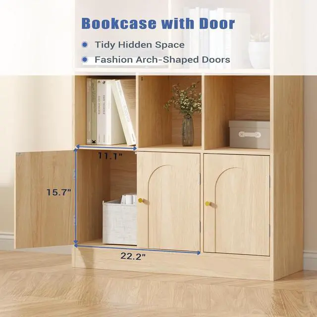 Alt view image 4 of 7 - 71" Tall Bookshelf with 10 Cubes and 3 Doors, 4-Tier Bookshelf, Open Shelf Bookcase with Cabinet, Modern Cube Storage Organizer for Living Room, and Office, Natural Wood Color