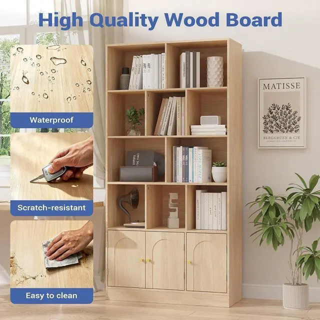 Alt view image 6 of 7 - 71" Tall Bookshelf with 10 Cubes and 3 Doors, 4-Tier Bookshelf, Open Shelf Bookcase with Cabinet, Modern Cube Storage Organizer for Living Room, and Office, Natural Wood Color