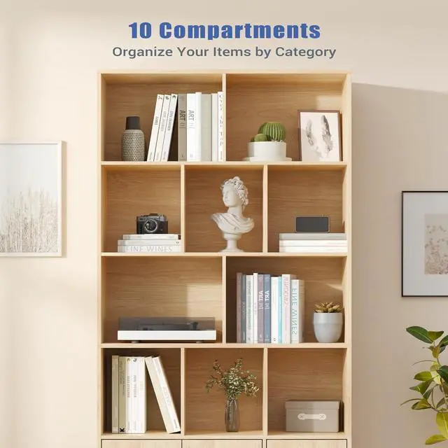 Alt view image 5 of 7 - 71" Tall Bookshelf with 10 Cubes and 3 Doors, 4-Tier Bookshelf, Open Shelf Bookcase with Cabinet, Modern Cube Storage Organizer for Living Room, and Office, Natural Wood Color
