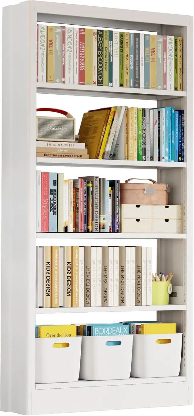 Alt view image 4 of 7 - Metal White Bookshelf, 71"H Tall Bookcase with Adjustable Storage Shelves, 5-Tier Heavy Duty Book Shelf, Modern Open Large Book Case for Library, Living Room, Office, including Book Stopper (White)