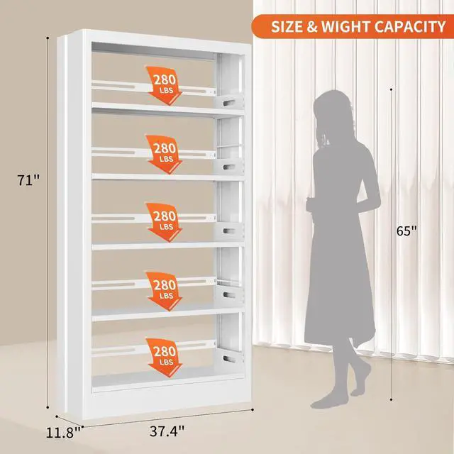 Alt view image 2 of 7 - Metal White Bookshelf, 71"H Tall Bookcase with Adjustable Storage Shelves, 5-Tier Heavy Duty Book Shelf, Modern Open Large Book Case for Library, Living Room, Office, including Book Stopper (White)