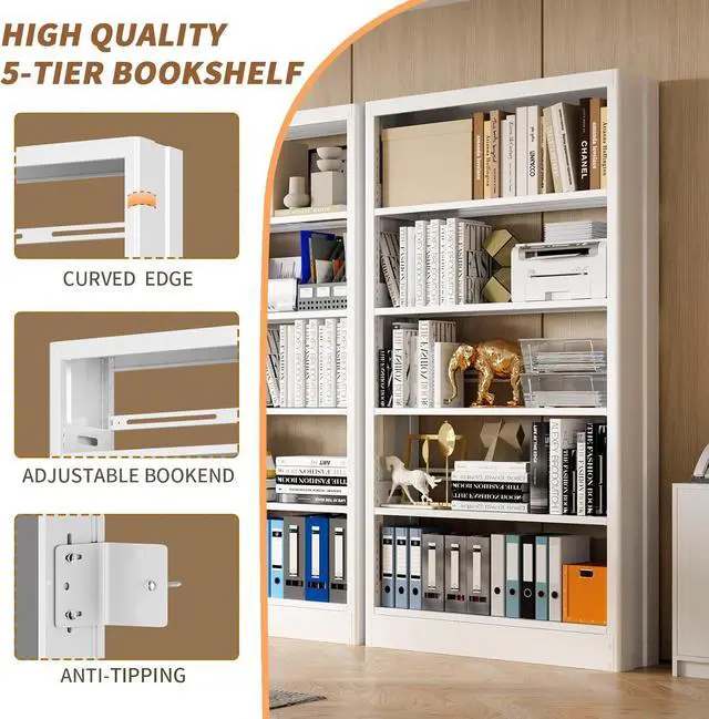 Alt view image 5 of 7 - Metal White Bookshelf, 71"H Tall Bookcase with Adjustable Storage Shelves, 5-Tier Heavy Duty Book Shelf, Modern Open Large Book Case for Library, Living Room, Office, including Book Stopper (White)