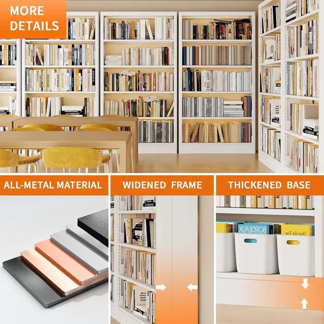 Alt view image 6 of 7 - Metal White Bookshelf, 71"H Tall Bookcase with Adjustable Storage Shelves, 5-Tier Heavy Duty Book Shelf, Modern Open Large Book Case for Library, Living Room, Office, including Book Stopper (White)