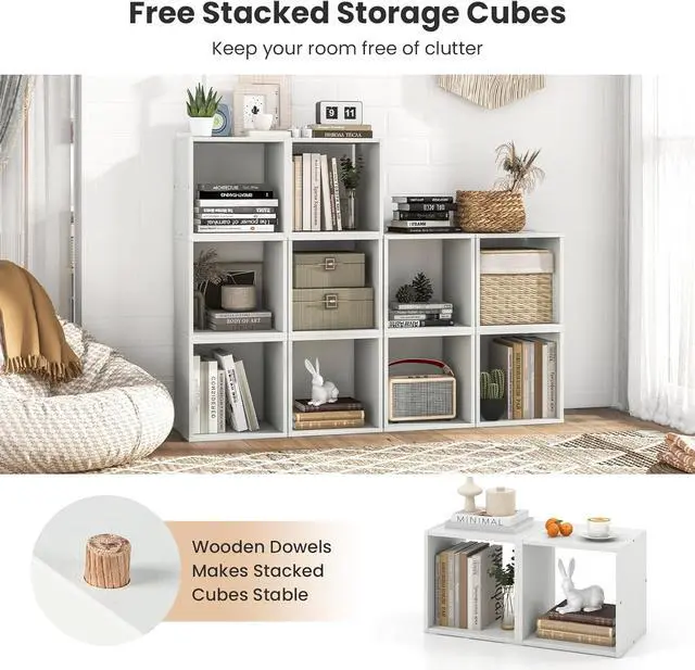 Alt view image 4 of 7 - 2 Cube Bookshelf Organizer, 2-Tier Stackable Cube Storage Organizer, Small Wooden Open Book Shelf with Anti-toppling Device, Wood Floor Standing Display Shelving Bookcase, White