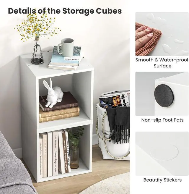 Alt view image 7 of 7 - 2 Cube Bookshelf Organizer, 2-Tier Stackable Cube Storage Organizer, Small Wooden Open Book Shelf with Anti-toppling Device, Wood Floor Standing Display Shelving Bookcase, White