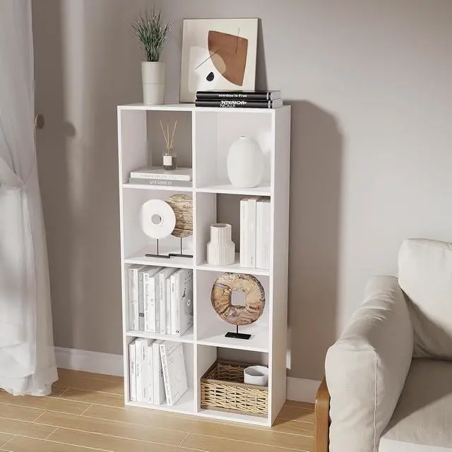 Alt view image 2 of 6 - 8-Cube Bookshelf, Tall Open Back Storage Shelves, Heavy Duty Wood Cubby Organizer for Small Spaces, Dorm Room Apartment Office, Unit for Book Toy Record Player Display (White, 8-Cube)