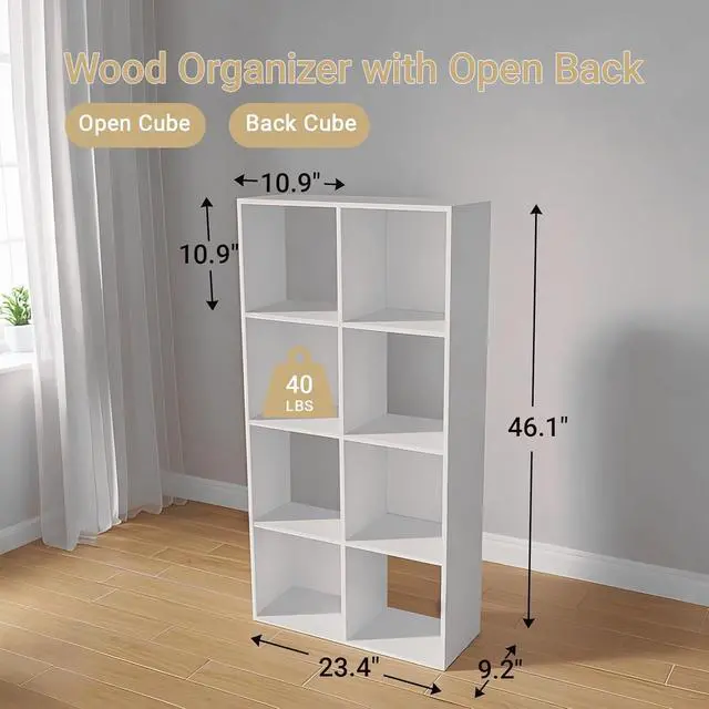 Alt view image 3 of 6 - 8-Cube Bookshelf, Tall Open Back Storage Shelves, Heavy Duty Wood Cubby Organizer for Small Spaces, Dorm Room Apartment Office, Unit for Book Toy Record Player Display (White, 8-Cube)
