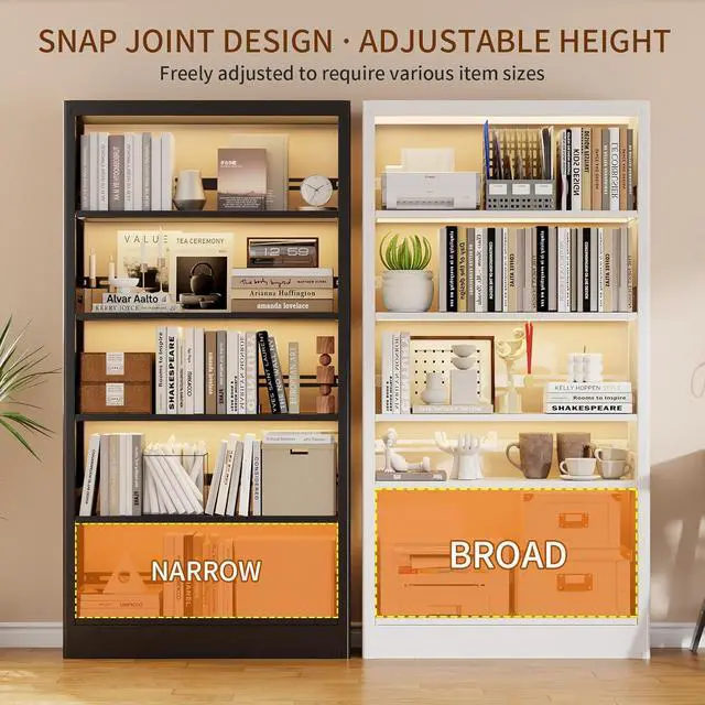 Alt view image 3 of 7 - Metal White Bookshelf, 71"H Tall Bookcase with Adjustable Storage Shelves, 5-Tier Heavy Duty Book Shelf, Modern Open Large Book Case for Library, Living Room, Office, including Book Stopper (White)