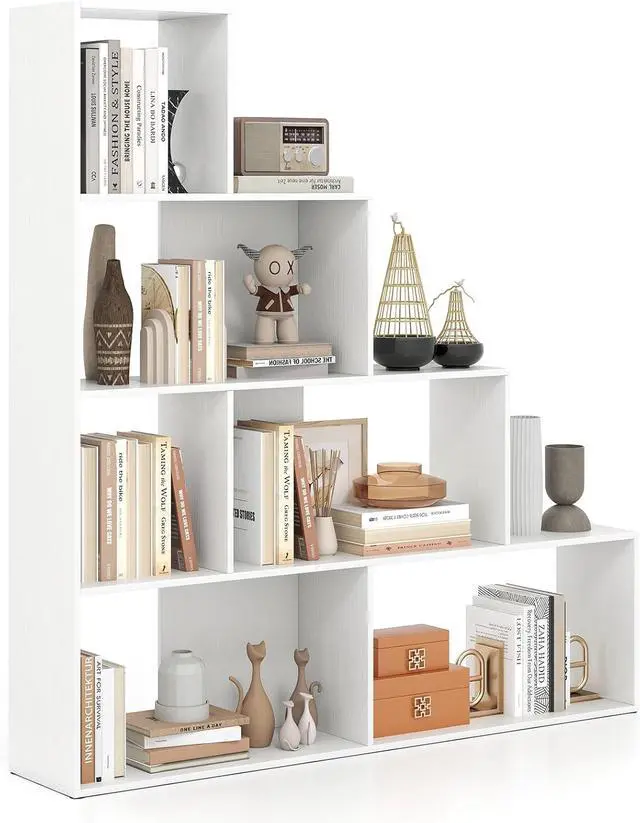 Main image of 4-Tier Stepped Bookshelf, Freestanding 6 Cubes Ladder Bookcase with Anti-Tipping Kits, 64" Tall Modern Wooden Storage Display Rack for Home Office Living Room Study (1, White)