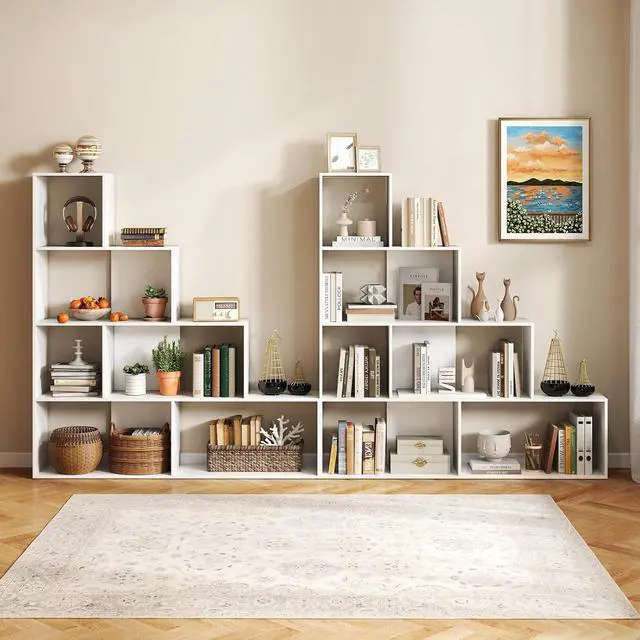 Alt view image 5 of 7 - 4-Tier Stepped Bookshelf, Freestanding 6 Cubes Ladder Bookcase with Anti-Tipping Kits, 64" Tall Modern Wooden Storage Display Rack for Home Office Living Room Study (1, White)