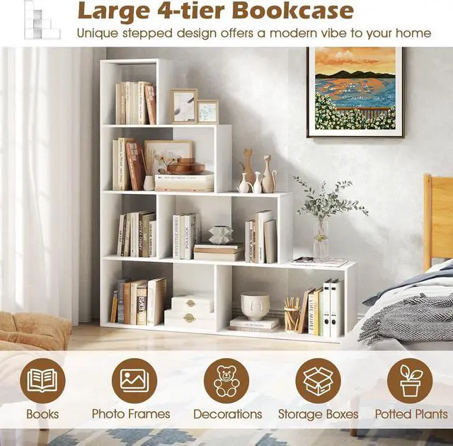 Alt view image 7 of 7 - 4-Tier Stepped Bookshelf, Freestanding 6 Cubes Ladder Bookcase with Anti-Tipping Kits, 64" Tall Modern Wooden Storage Display Rack for Home Office Living Room Study (1, White)