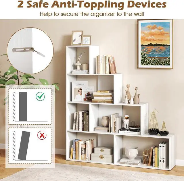 Alt view image 6 of 7 - 4-Tier Stepped Bookshelf, Freestanding 6 Cubes Ladder Bookcase with Anti-Tipping Kits, 64" Tall Modern Wooden Storage Display Rack for Home Office Living Room Study (1, White)