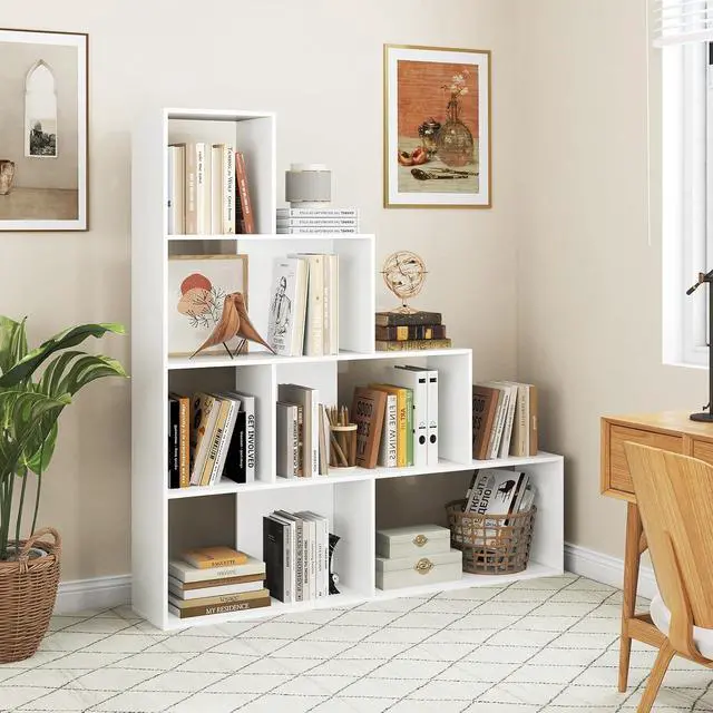 Alt view image 4 of 7 - 4-Tier Stepped Bookshelf, Freestanding 6 Cubes Ladder Bookcase with Anti-Tipping Kits, 64" Tall Modern Wooden Storage Display Rack for Home Office Living Room Study (1, White)