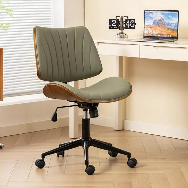 Main image of Armless Office Desk Chair,Wooden Back Small Office Desk Chair No Arms Adjustable Height Modern Armless Chairs with Swivel Wheels for Small Spaces,Green