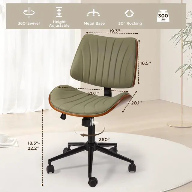 Alt view image 2 of 7 - Armless Office Desk Chair,Wooden Back Small Office Desk Chair No Arms Adjustable Height Modern Armless Chairs with Swivel Wheels for Small Spaces,Green