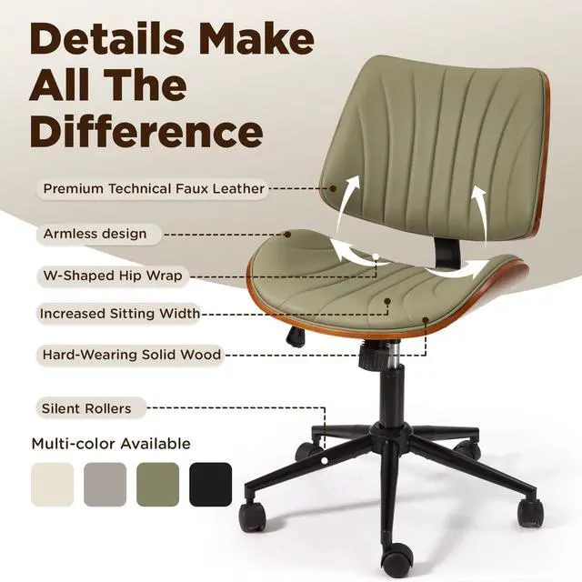 Alt view image 4 of 7 - Armless Office Desk Chair,Wooden Back Small Office Desk Chair No Arms Adjustable Height Modern Armless Chairs with Swivel Wheels for Small Spaces,Green