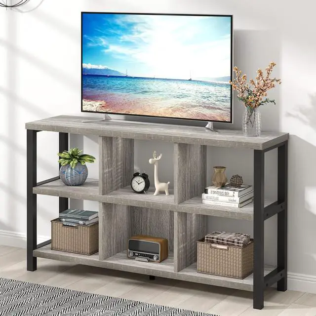 Alt view image 3 of 7 - 6 Cube Storage Organizer with Shelf, Industrial Horizontal Low Cubby Bookcase, Wood and Metal Bookshelf for Living Room Bedroom (Light Grey, 47 Inch)