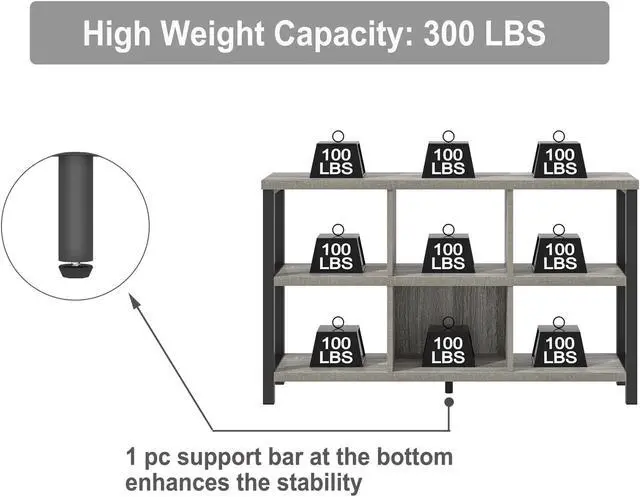 Alt view image 6 of 7 - 6 Cube Storage Organizer with Shelf, Industrial Horizontal Low Cubby Bookcase, Wood and Metal Bookshelf for Living Room Bedroom (Light Grey, 47 Inch)