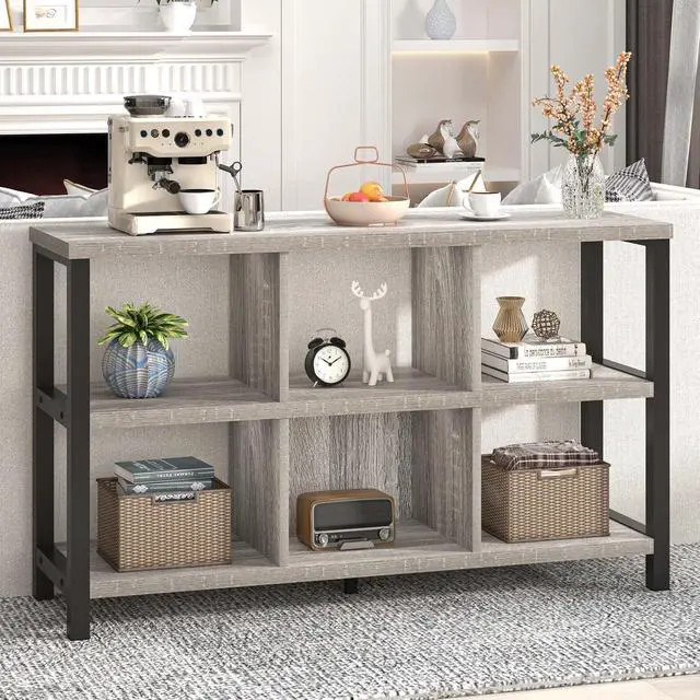 Alt view image 5 of 7 - 6 Cube Storage Organizer with Shelf, Industrial Horizontal Low Cubby Bookcase, Wood and Metal Bookshelf for Living Room Bedroom (Light Grey, 47 Inch)