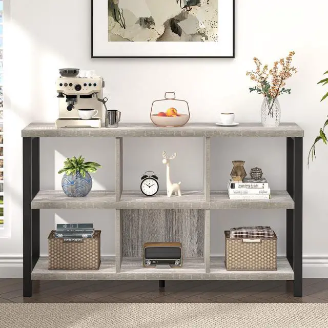Alt view image 7 of 7 - 6 Cube Storage Organizer with Shelf, Industrial Horizontal Low Cubby Bookcase, Wood and Metal Bookshelf for Living Room Bedroom (Light Grey, 47 Inch)