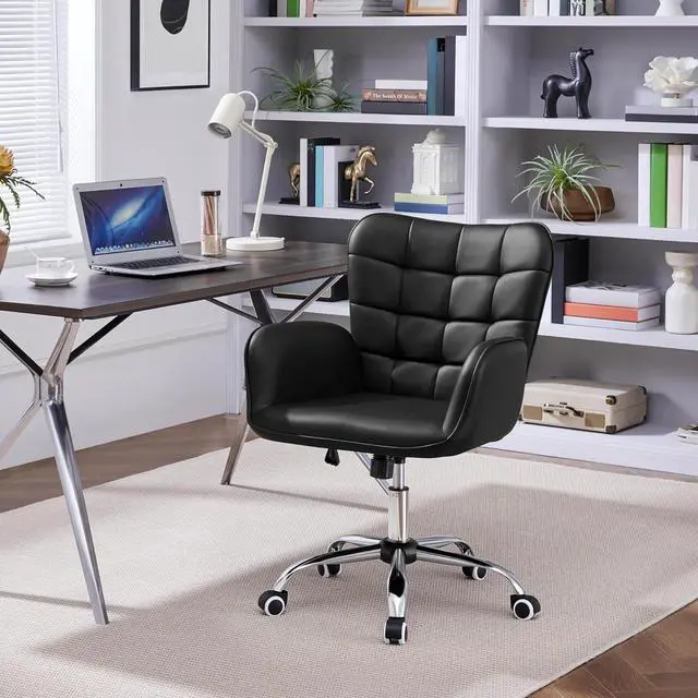 Alt view image 2 of 7 - Modern Faux Leather Office Chair Ergonomic Adjustable Computer Chair with Wide Seat, Padded Armrests for Study, Bedroom Black