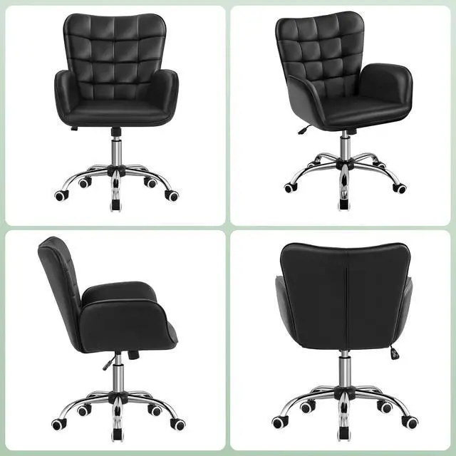 Alt view image 6 of 7 - Modern Faux Leather Office Chair Ergonomic Adjustable Computer Chair with Wide Seat, Padded Armrests for Study, Bedroom Black