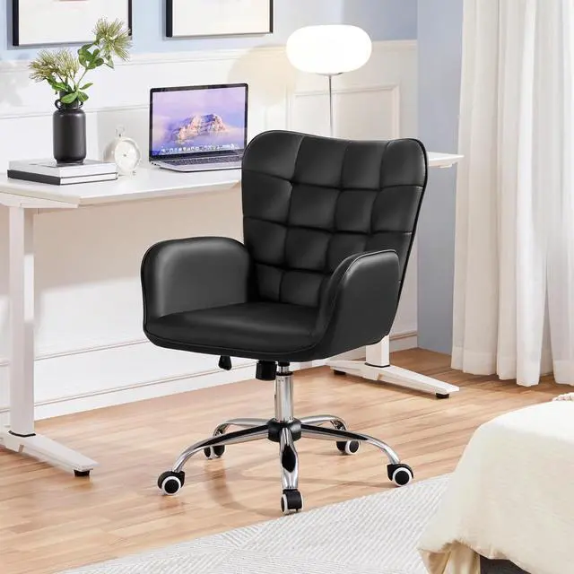 Alt view image 7 of 7 - Modern Faux Leather Office Chair Ergonomic Adjustable Computer Chair with Wide Seat, Padded Armrests for Study, Bedroom Black