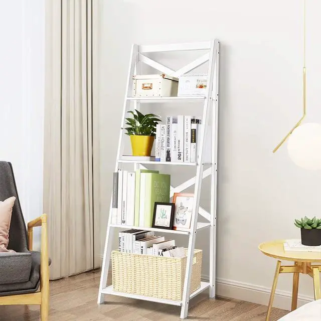 Alt view image 2 of 7 - 4-Tier Ladder Shelf Bookcase Leaning Free Standing Wooden Frame Decor Bookshelf Storage Flower Shelf Plant Display Shelf for Home Office (White, 2)