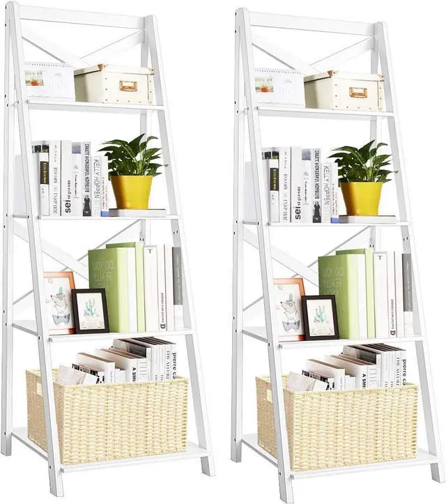 Main image of 4-Tier Ladder Shelf Bookcase Leaning Free Standing Wooden Frame Decor Bookshelf Storage Flower Shelf Plant Display Shelf for Home Office (White, 2)