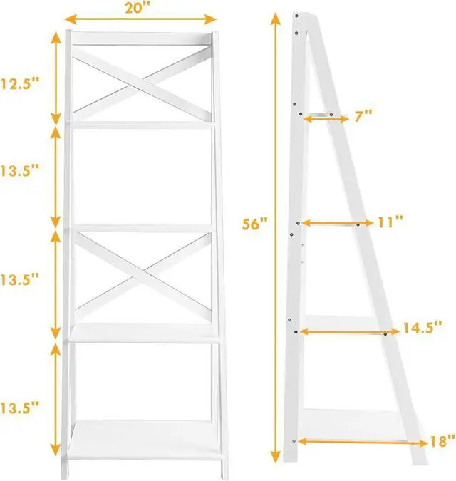 Alt view image 3 of 7 - 4-Tier Ladder Shelf Bookcase Leaning Free Standing Wooden Frame Decor Bookshelf Storage Flower Shelf Plant Display Shelf for Home Office (White, 2)