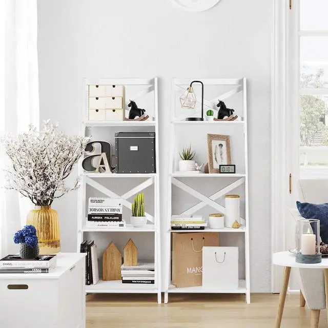 Alt view image 5 of 7 - 4-Tier Ladder Shelf Bookcase Leaning Free Standing Wooden Frame Decor Bookshelf Storage Flower Shelf Plant Display Shelf for Home Office (White, 2)
