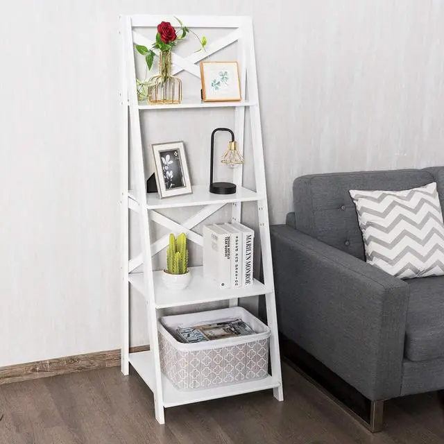 Alt view image 6 of 7 - 4-Tier Ladder Shelf Bookcase Leaning Free Standing Wooden Frame Decor Bookshelf Storage Flower Shelf Plant Display Shelf for Home Office (White, 2)