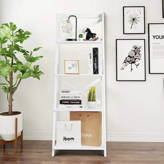 Alt view image 4 of 7 - 4-Tier Ladder Shelf Bookcase Leaning Free Standing Wooden Frame Decor Bookshelf Storage Flower Shelf Plant Display Shelf for Home Office (White, 2)