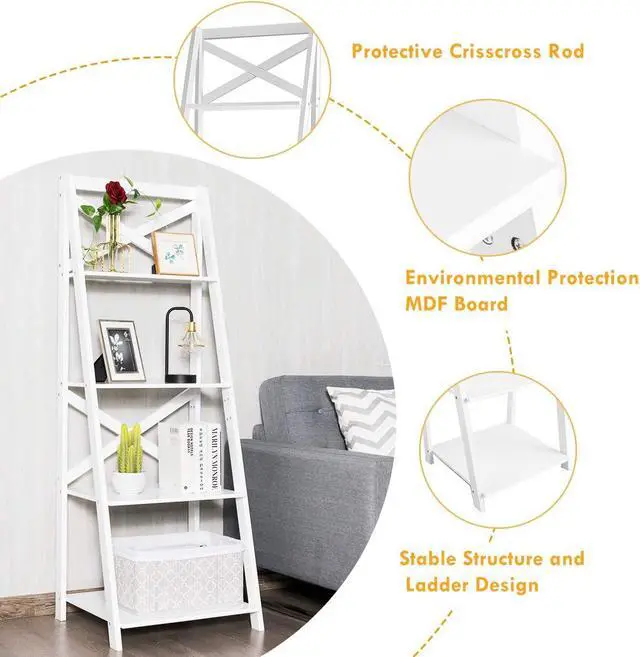Alt view image 7 of 7 - 4-Tier Ladder Shelf Bookcase Leaning Free Standing Wooden Frame Decor Bookshelf Storage Flower Shelf Plant Display Shelf for Home Office (White, 2)
