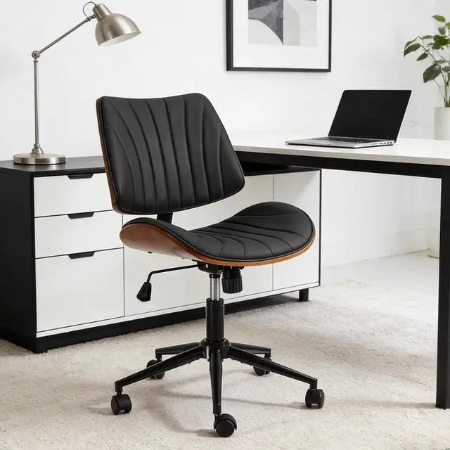 Main image of Armless Office Desk Chair,Wooden Back Small Office Desk Chair No Arms Adjustable Height Modern Armless Chairs with Swivel Wheels for Small Spaces, Black