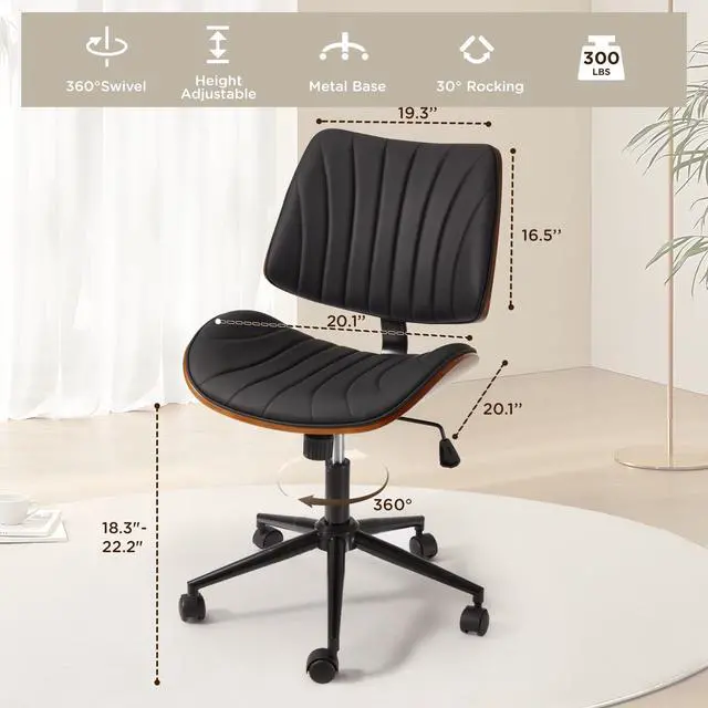 Alt view image 2 of 7 - Armless Office Desk Chair,Wooden Back Small Office Desk Chair No Arms Adjustable Height Modern Armless Chairs with Swivel Wheels for Small Spaces, Black