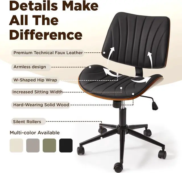 Alt view image 5 of 7 - Armless Office Desk Chair,Wooden Back Small Office Desk Chair No Arms Adjustable Height Modern Armless Chairs with Swivel Wheels for Small Spaces, Black